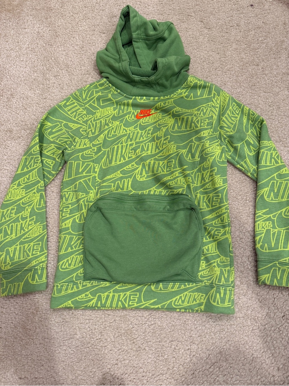 Nike Kids Green All-Over Logo Hoodie with Orange Swoosh